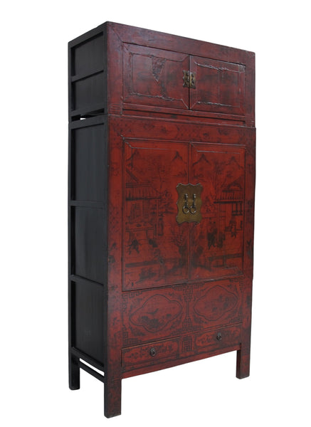 96" Tall Red Lacquer Antique Chinese Chinoiserie-Style Cabinet