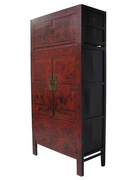 96" Tall Red Lacquer Antique Chinese Chinoiserie-Style Cabinet