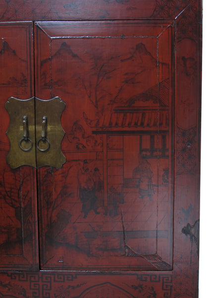 96" Tall Red Lacquer Antique Chinese Chinoiserie-Style Cabinet
