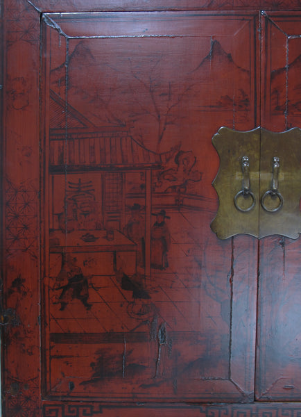 96" Tall Red Lacquer Antique Chinese Chinoiserie-Style Cabinet