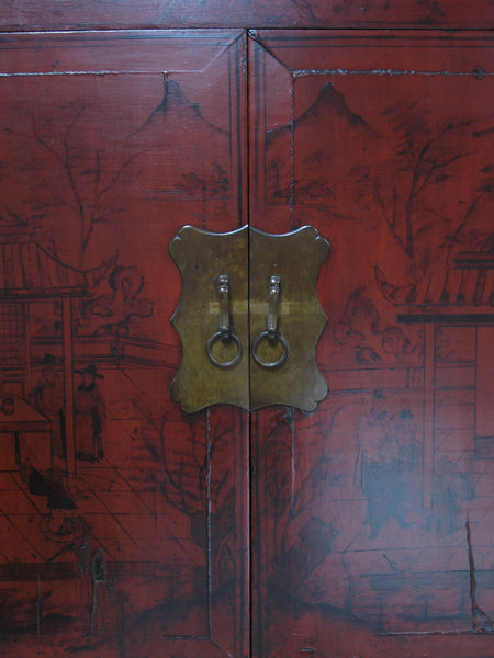96" Tall Red Lacquer Antique Chinese Chinoiserie-Style Cabinet