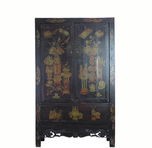 Hand Painted Flower 2 Panel Doors Antique Chinese Cabinet