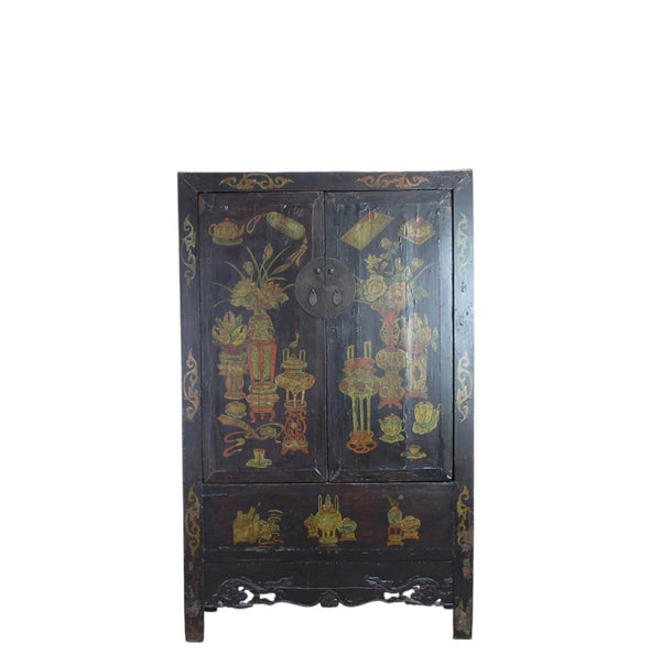Hand Painted Flower 2 Panel Doors Antique Chinese Cabinet