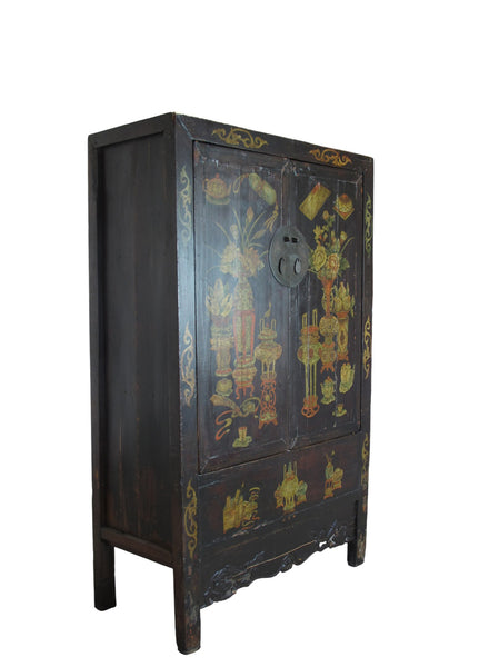 Hand Painted Flower 2 Panel Doors Antique Chinese Cabinet
