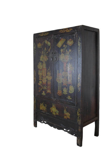 Hand Painted Flower 2 Panel Doors Antique Chinese Cabinet