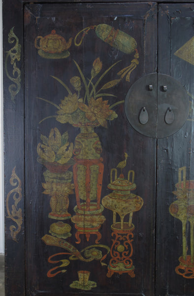 Hand Painted Flower 2 Panel Doors Antique Chinese Cabinet