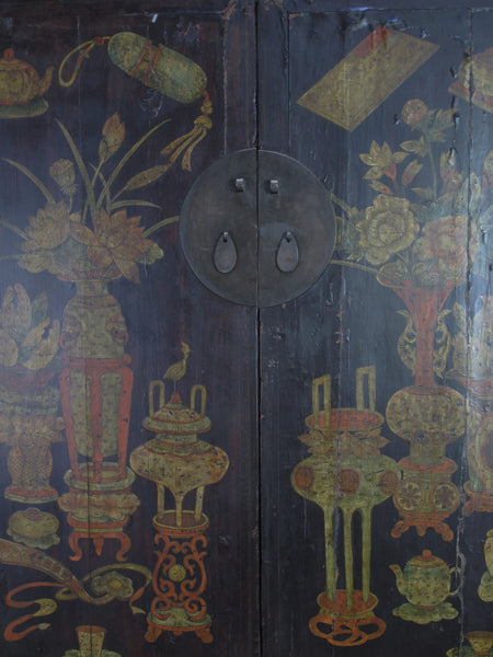 Hand Painted Flower 2 Panel Doors Antique Chinese Cabinet