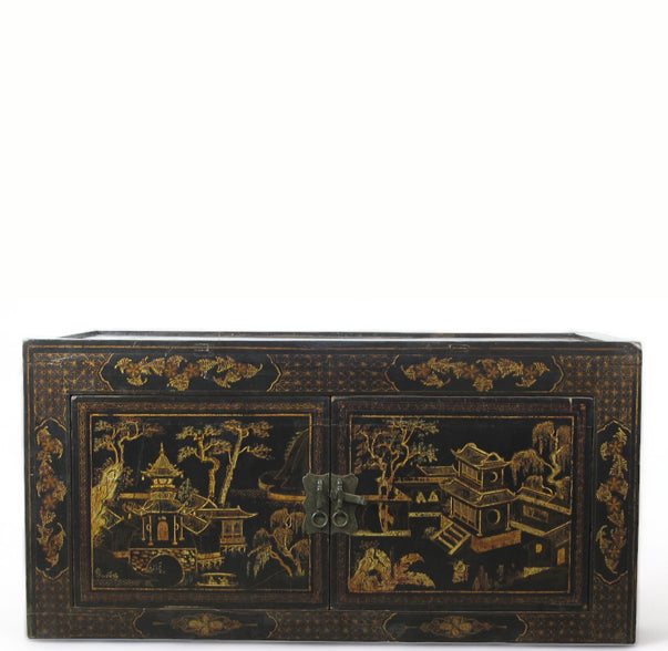 Hand Painted Black Vintage Chinese Chinoiserie-Style Cabinet 1