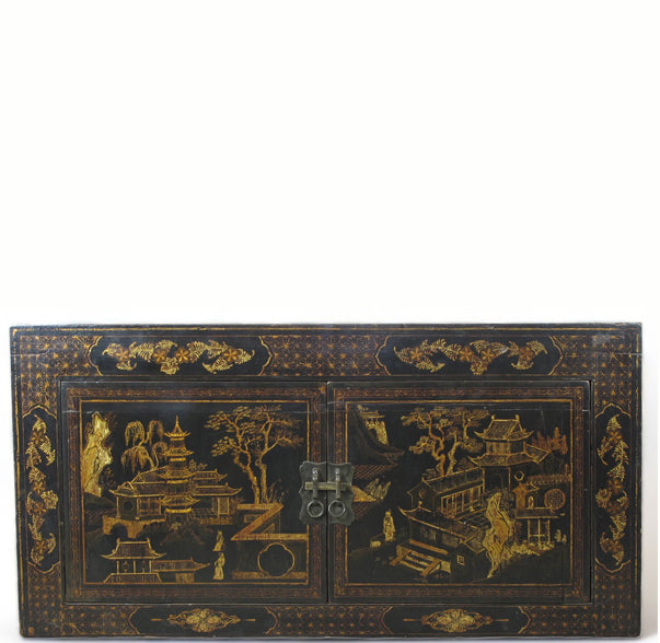 Hand Painted Black Vintage Chinese Chinoiserie-Style Cabinet 2
