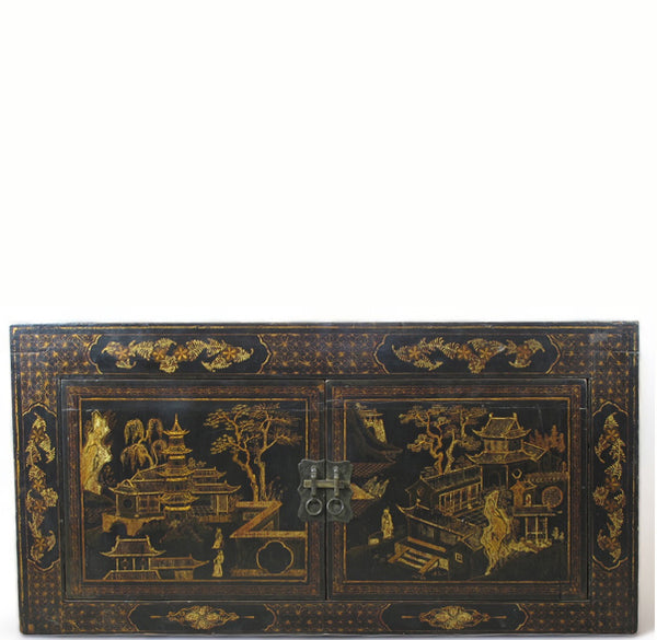 Hand Painted Black Vintage Chinese Chinoiserie-Style Cabinet 2