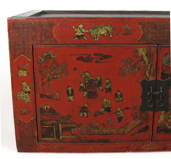 Hand Painted Red Vintage Chinese Chinoiserie-Style Cabinet