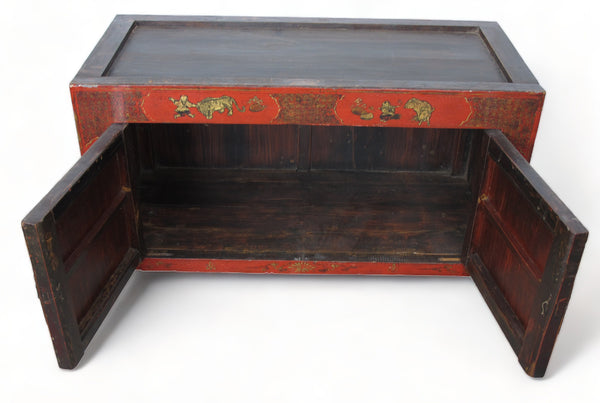 Hand Painted Red Vintage Chinese Chinoiserie-Style Cabinet