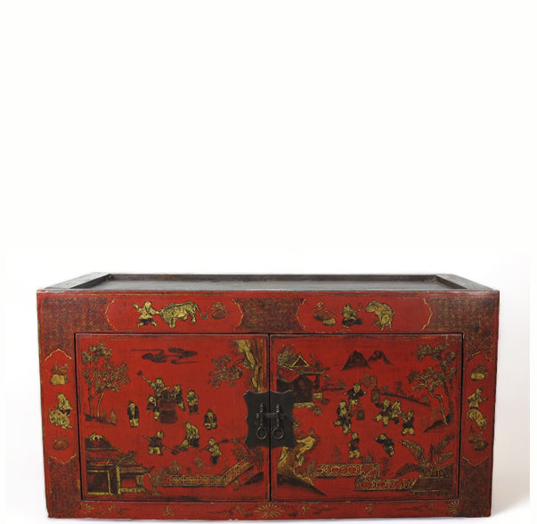 Hand Painted Red Vintage Chinese Chinoiserie-Style Cabinet