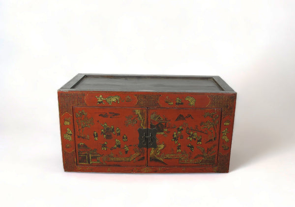 Hand Painted Red Vintage Chinese Chinoiserie-Style Cabinet