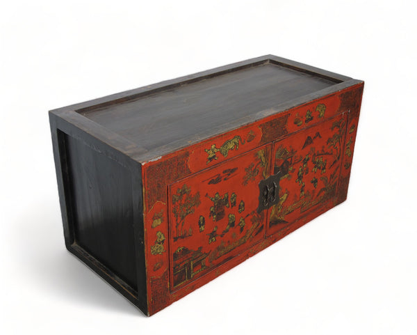 Hand Painted Red Vintage Chinese Chinoiserie-Style Cabinet