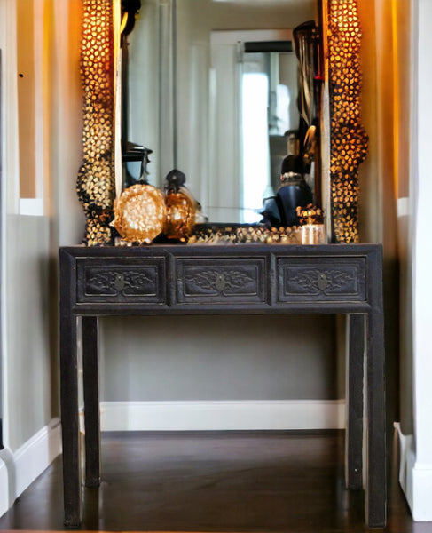 Antique Asian 3-Drawer Dark Brown Elm Console Table