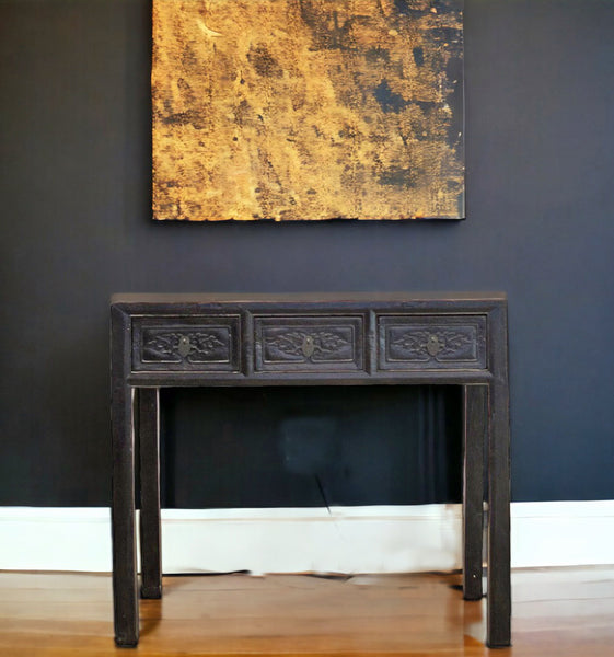 Antique Asian 3-Drawer Dark Brown Elm Console Table