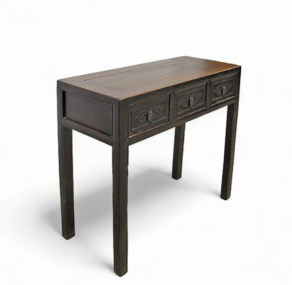 Antique Asian 3-Drawer Dark Brown Elm Console Table