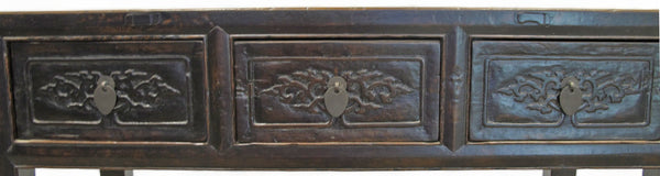 Antique Asian 3-Drawer Dark Brown Elm Console Table