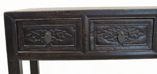 Antique Asian 3-Drawer Dark Brown Elm Console Table