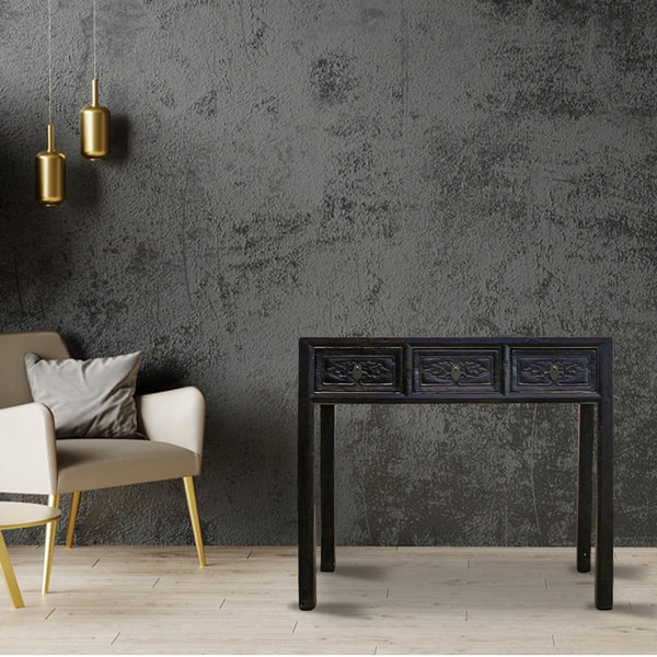 Antique Asian 3-Drawer Dark Brown Elm Console Table