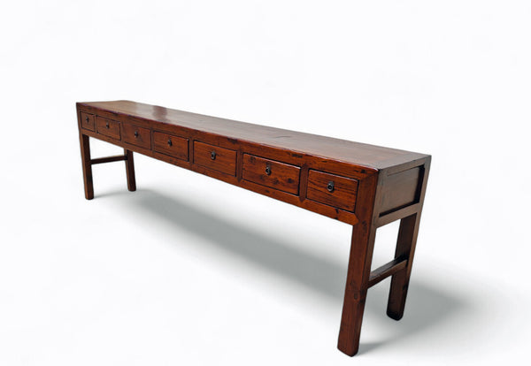 Late 18th Century Seven Drawers Antique Pine Console Table, 108" Inch Long