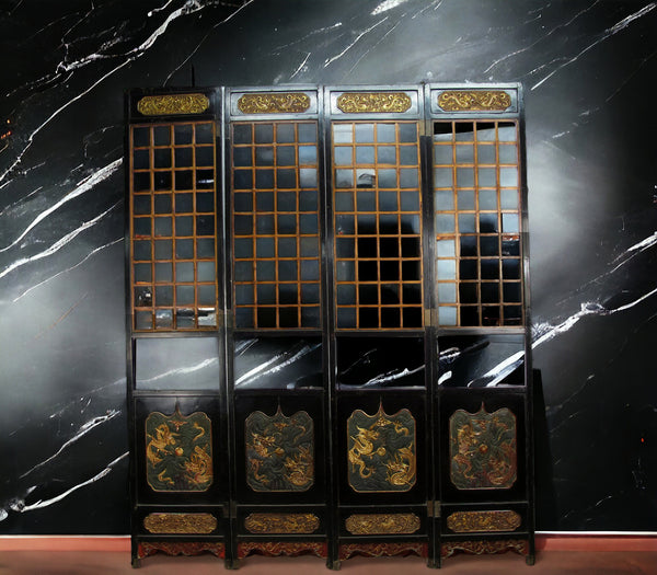 Antique Chinese Room Divider w Hand Carved & Gilded Dragons on Both Sides - Set of 4