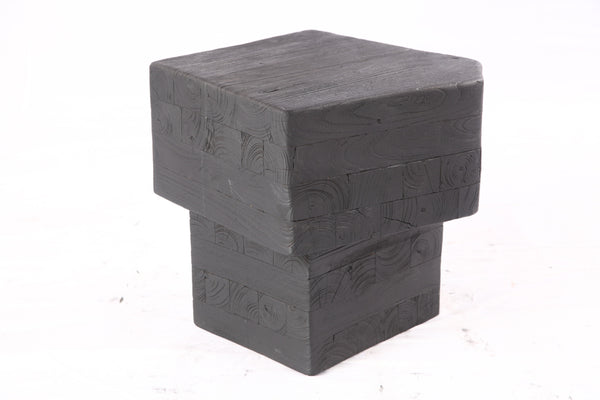Pair of 16” Black Sculptural Teak Block Accent Table 1&2