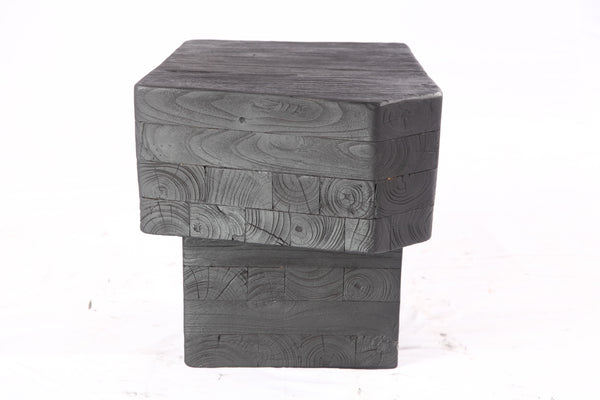 16” Black Sculptural Teak Block Accent Table