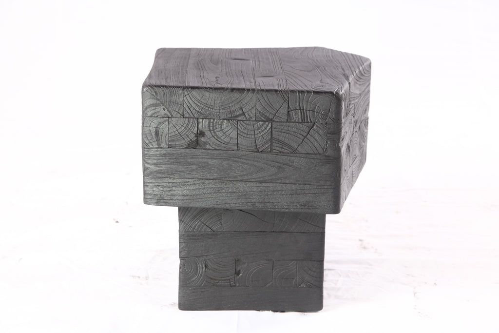 16” Black Sculptural Teak Block Accent Table 1.2