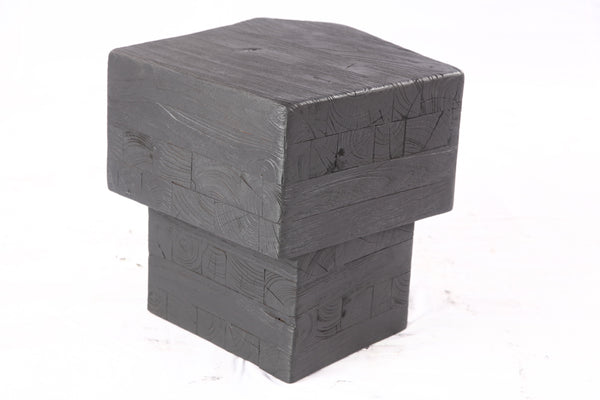 16” Black Sculptural Teak Block Accent Table 1.2