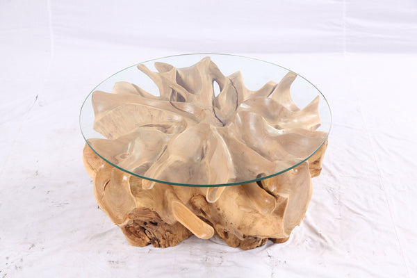 32” Inch Diameter Sculptured Teak Root Round Coffee Table