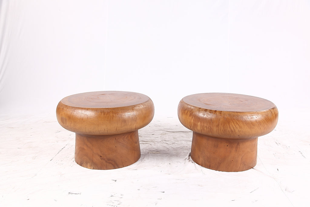 Pair of 25” Round Brown Suar Accent Table