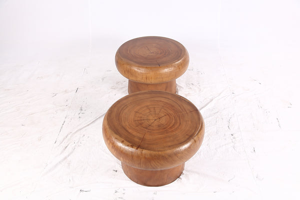 Pair of 25” Round Brown Suar Accent Table