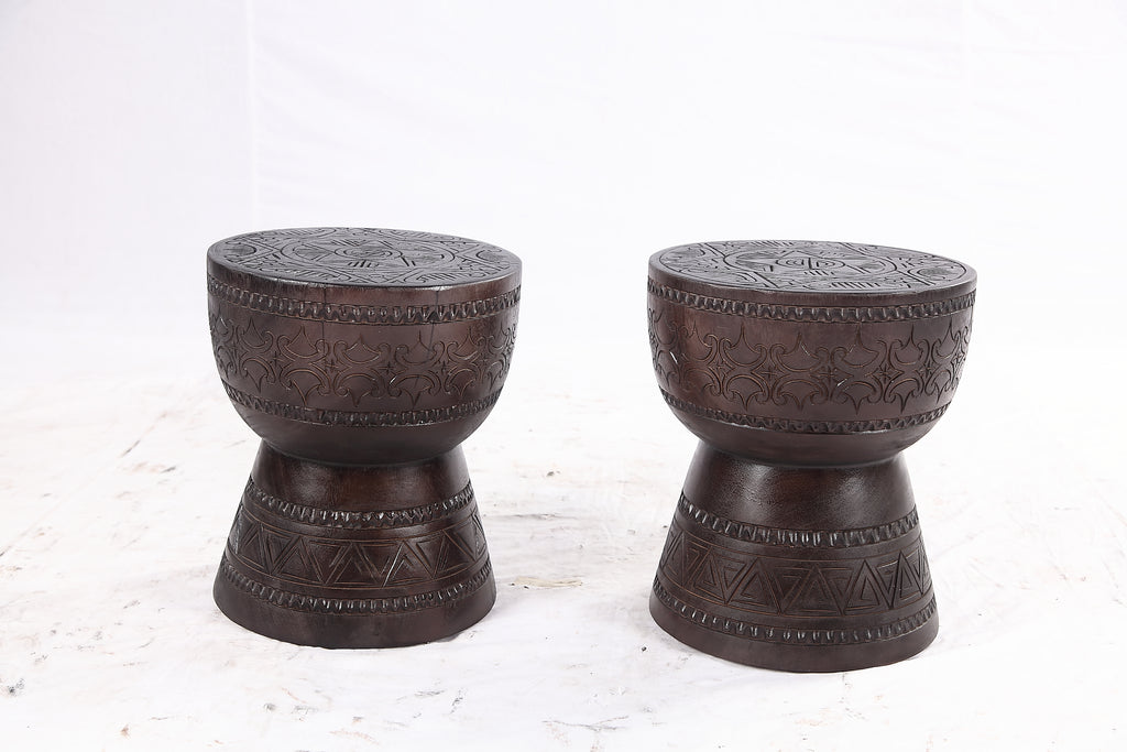 Pair of 14” Round Brown Suar Drum Accent Tables