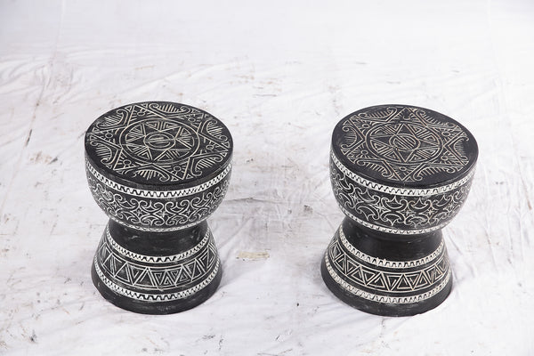 Pair of 14” Round Black Suar Drum Accent Tables