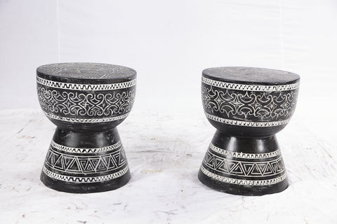 Pair of 14” Round Black Suar Drum Accent Tables