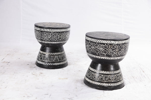 Pair of 14” Round Black Suar Drum Accent Tables