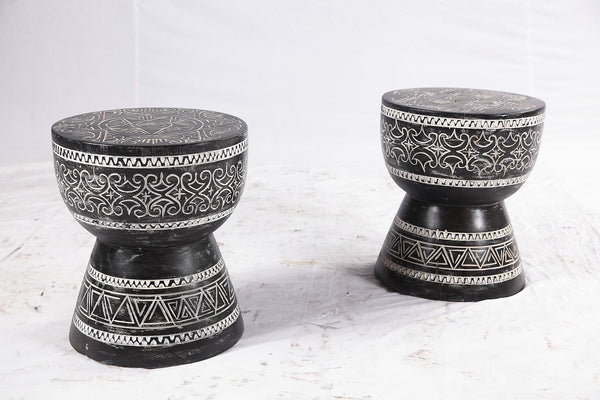 Pair of 14” Round Black Suar Drum Accent Tables