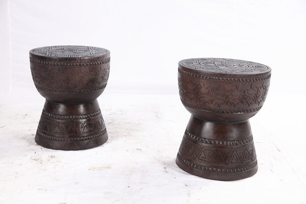 Pair of 14” Round Brown Suar Drum Accent Tables