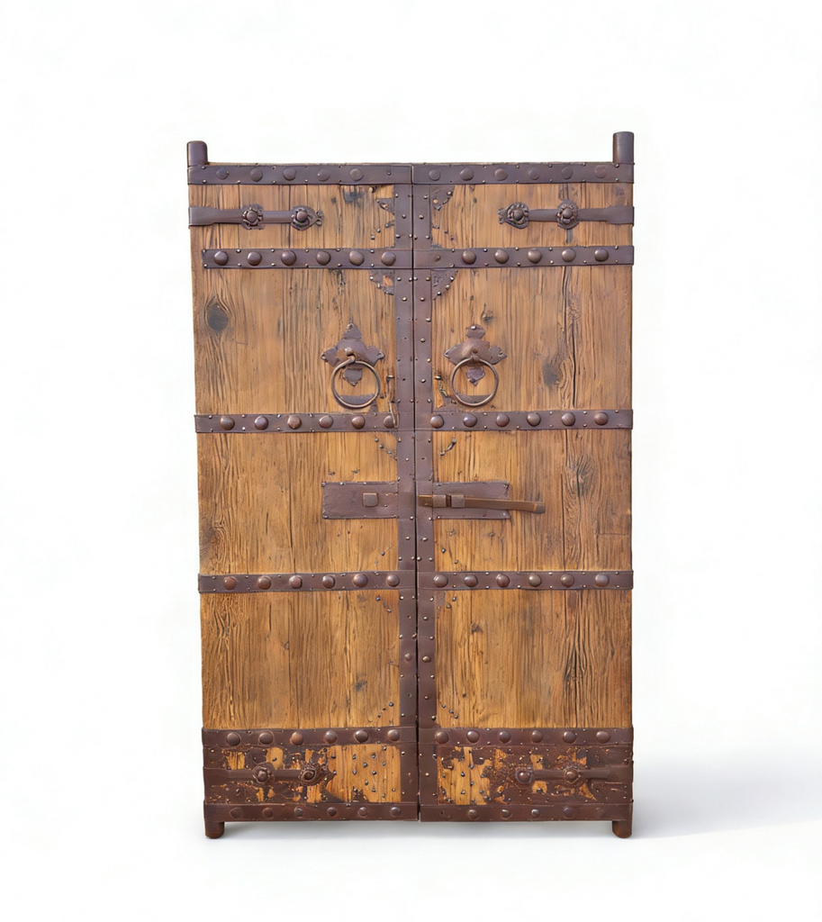 Antique Pinewood Doors with Studded Iron Bands & Sliding Latch