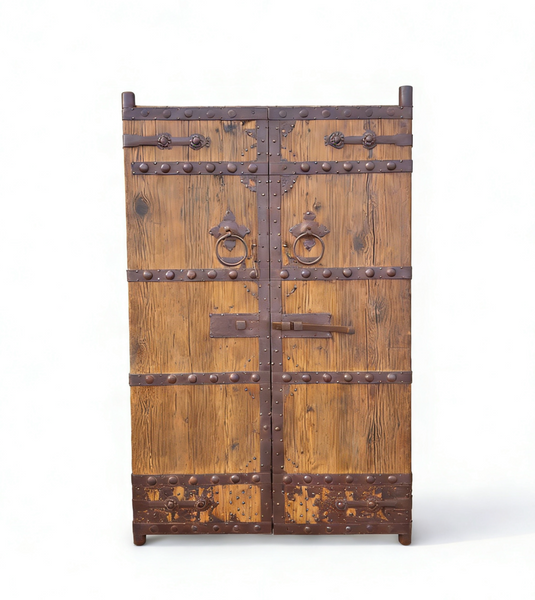 Antique Pinewood Doors with Studded Iron Bands & Sliding Latch