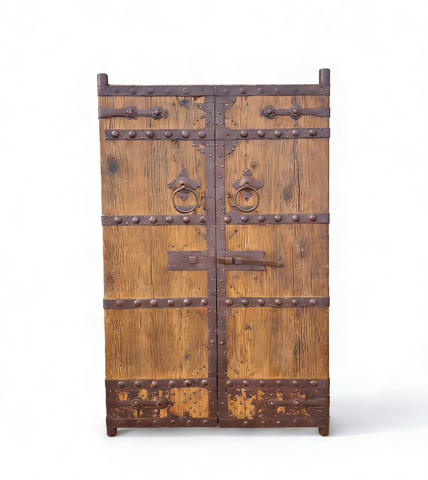 Antique Pinewood Doors with Studded Iron Bands & Sliding Latch