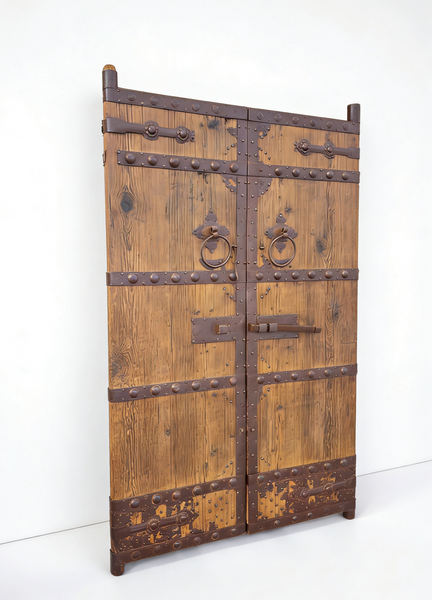 Antique Pinewood Doors with Studded Iron Bands & Sliding Latch