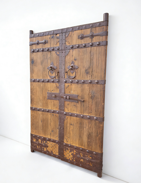Antique Pinewood Doors with Studded Iron Bands & Sliding Latch