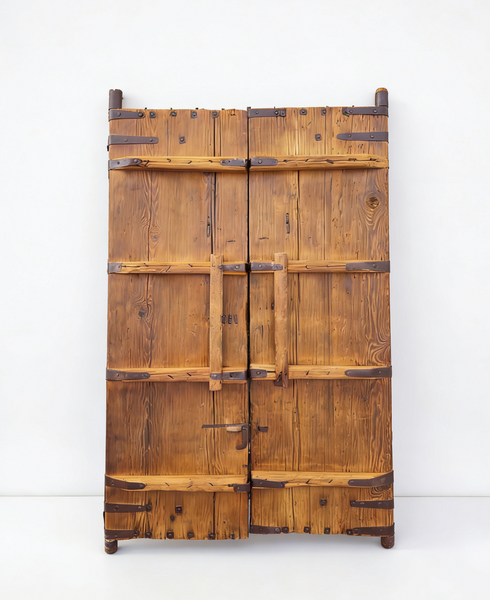 Antique Pinewood Doors with Studded Iron Bands & Sliding Latch