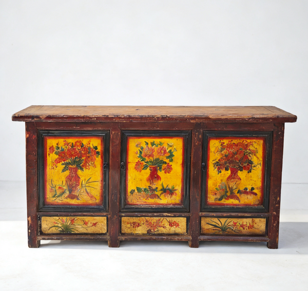 Late 19th Century Hand-Painted Botanical Mural Buffet