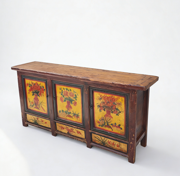 Late 19th Century Hand-Painted Botanical Mural Buffet