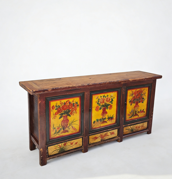 Late 19th Century Hand-Painted Botanical Mural Buffet