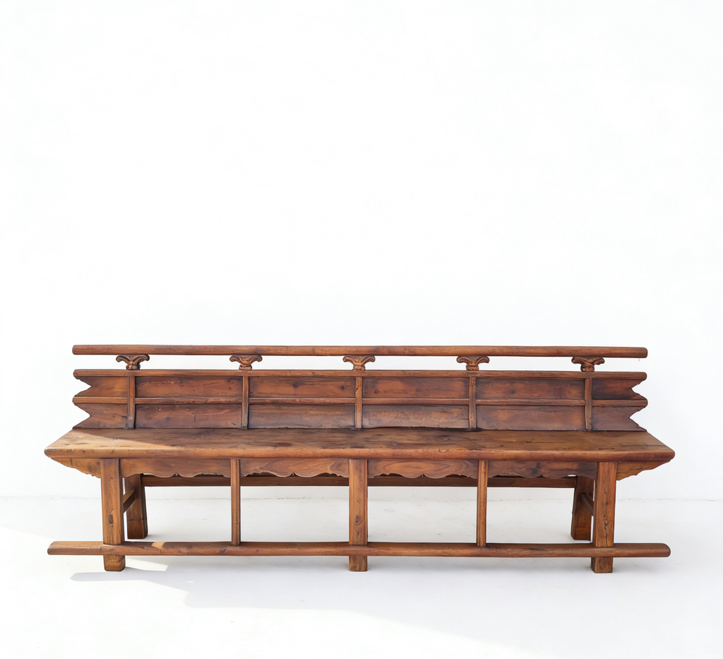 Vintage 111" Elm Wood Bench with Tiered Backrest